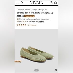 VIVAIA Margot 2.0 Square-Toe V-Cut Flats in Matcha